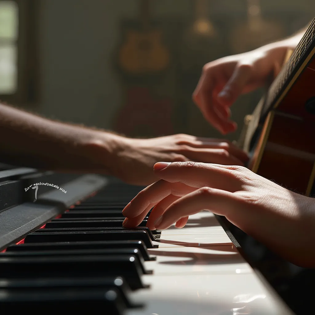 Estudiante practicando guitarra con ayuda de una tablet
