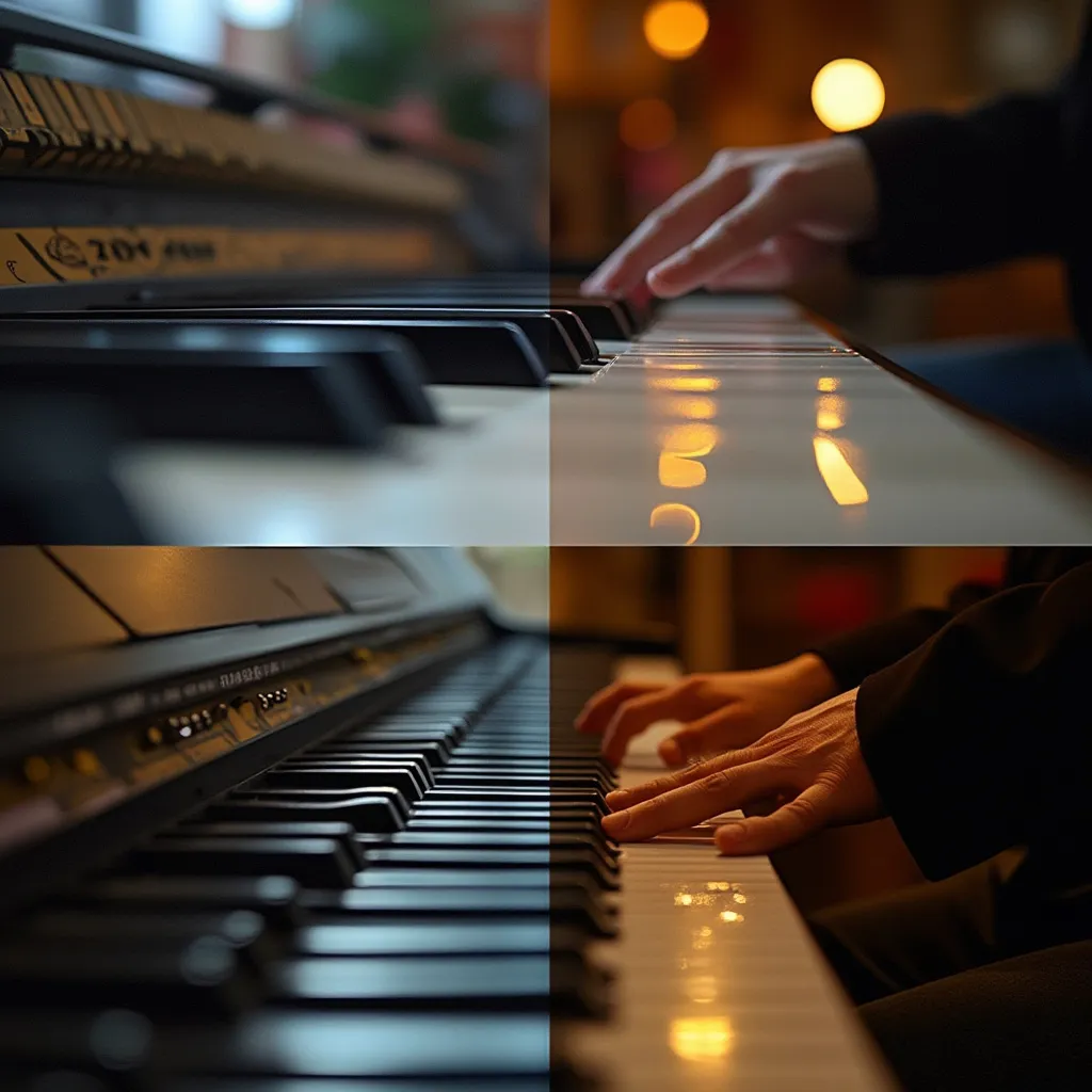 Persona sonriendo mientras cambia de tocar piano a guitarra