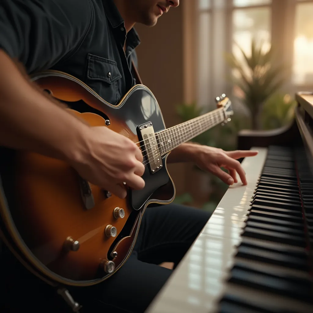 Instructora Sofía Gómez con piano y guitarra